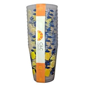 C&C California Summer Lemons 16oz Plastic Tumblers 12-pc BPA Free Drinkware NEW